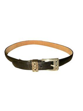 Vintage 90s Brighton Black Croc Embossed Leather Belt Ornate Silver Buckle M/L